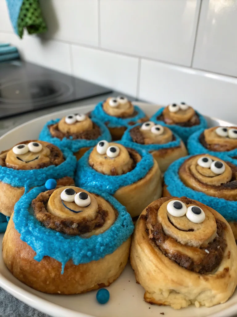 Cookie Monster Cinnamon Rolls: Blue Dough, Cookie Crumbles & Creamy Sweetness