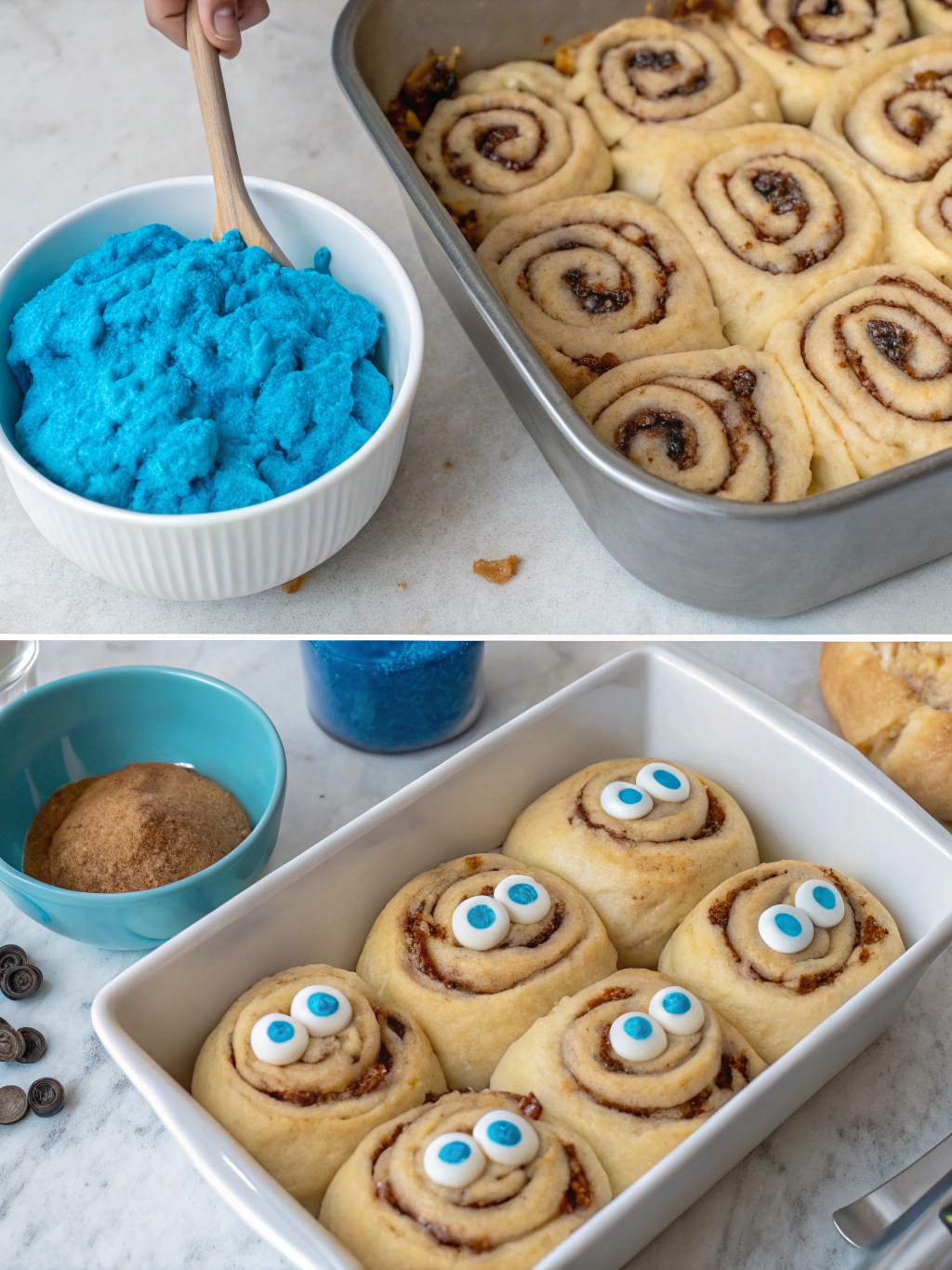 Cookie Monster Cinnamon Rolls preparing steps